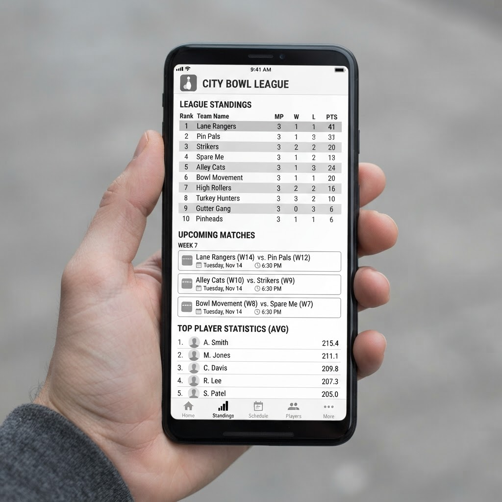 Publik ligasida i mobilen med tabell, spelschema och spelarstatistik